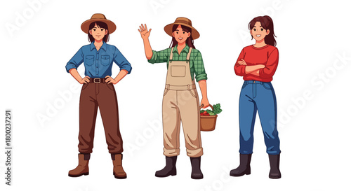 Set of vector illustrations of female farmers in gardening poses, ideal for agriculture education, organic farming promotions, and sustainable lifestyle marketing