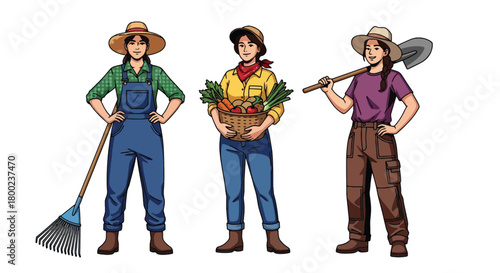 Set of vector illustrations of female farmers in gardening poses, ideal for agriculture education, organic farming promotions, and sustainable lifestyle marketing