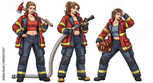 Set of vector illustrations of female firefighters in strong emergency poses, perfect for safety education, rescue training, and fire service promotional materials