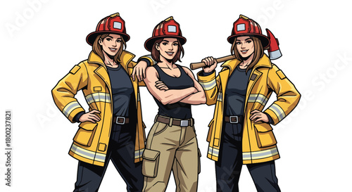 Set of vector illustrations of female firefighters in strong emergency poses, perfect for safety education, rescue training, and fire service promotional materials