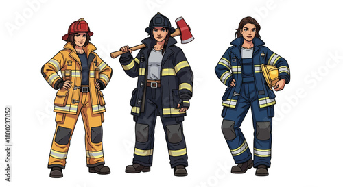 Set of vector illustrations of female firefighters in strong emergency poses, perfect for safety education, rescue training, and fire service promotional materials