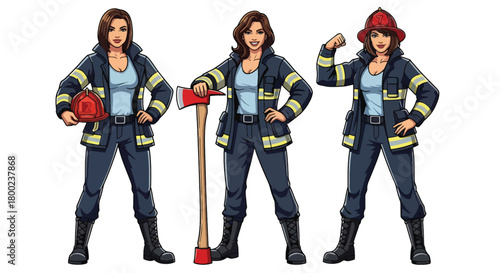 Set of vector illustrations of female firefighters in strong emergency poses, perfect for safety education, rescue training, and fire service promotional materials