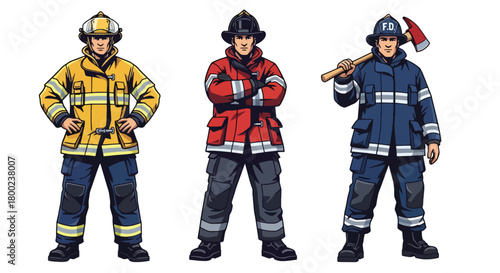 Set of vector illustrations of male firefighters in action-ready poses, suitable for emergency service materials, safety education, and fire department