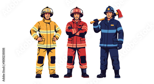 Set of vector illustrations of male firefighters in action-ready poses, suitable for emergency service materials, safety education, and fire department