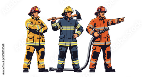 Set of vector illustrations of male firefighters in action-ready poses, suitable for emergency service materials, safety education, and fire department