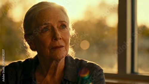 Elderly Woman at Window in Golden Hour Light – Contemplative Senior Portrait Exploring Memory, Mindfulness, and Mental Wellness Through Emotive Photography ( Dementia ) 