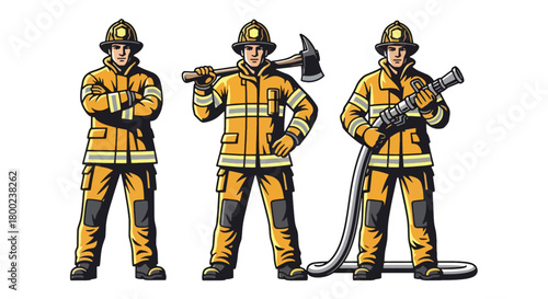 Set of vector illustrations of male firefighters in action-ready poses, suitable for emergency service materials, safety education, and fire department
