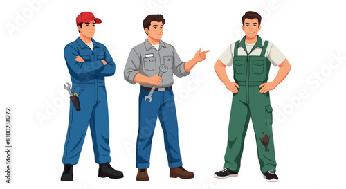 Set of vector illustrations of male mechanics in professional workshop poses, ideal for automotive service branding, repair marketing, and technical education