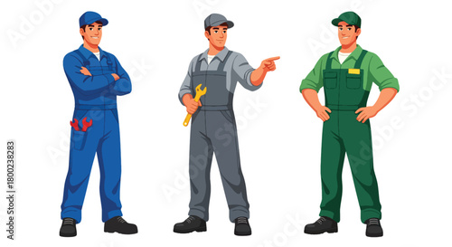 Set of vector illustrations of male mechanics in professional workshop poses, ideal for automotive service branding, repair marketing, and technical education