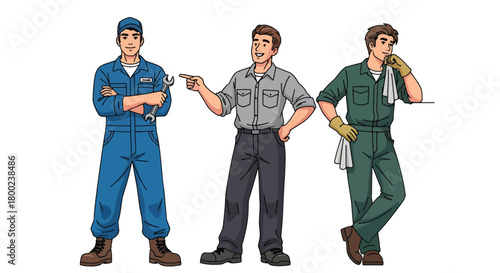 Set of vector illustrations of male mechanics in professional workshop poses, ideal for automotive service branding, repair marketing, and technical education