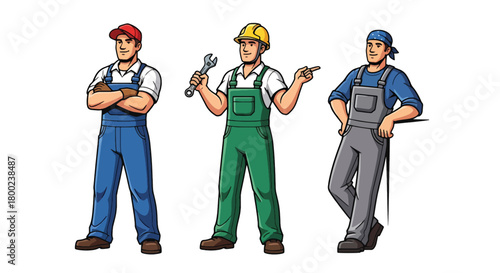 Set of vector illustrations of male mechanics in professional workshop poses, ideal for automotive service branding, repair marketing, and technical education