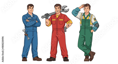 Set of vector illustrations of male mechanics in professional workshop poses, ideal for automotive service branding, repair marketing, and technical education