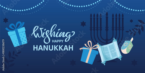 Happy Hanukkah, Traditional Jewish Winter holiday banner with festive symbols, donuts, oil jar, Menorah, Torah scroll, and gifts. Good for greeting cards, posters, and seasonal marketing materials.