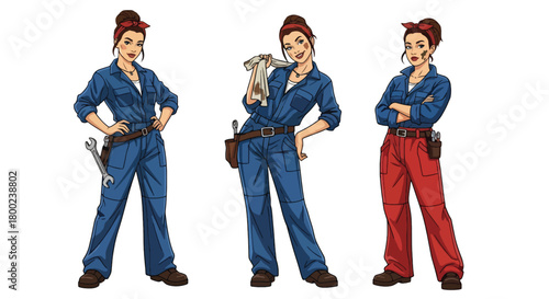 Set of vector illustrations of female mechanics in work poses with tools, perfect for automotive branding, repair service marketing, and technical training materials