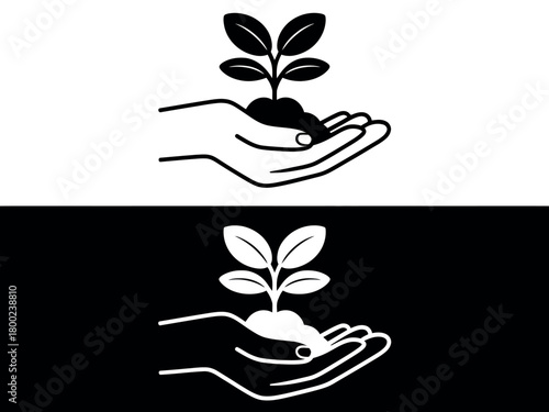 A stylized hand cradles a small seedling growing from a clump of soil.