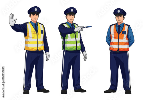 Set of vector illustrations of male traffic police officers managing vehicle flow, ideal for road safety education, transportation materials, and public guidance content