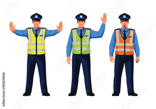 Set of vector illustrations of male traffic police officers managing vehicle flow, ideal for road safety education, transportation materials, and public guidance content