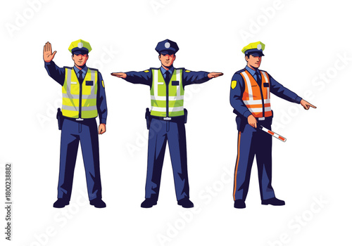 Set of vector illustrations of male traffic police officers managing vehicle flow, ideal for road safety education, transportation materials, and public guidance content