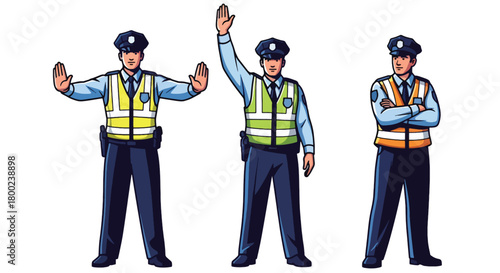 Set of vector illustrations of male traffic police officers managing vehicle flow, ideal for road safety education, transportation materials, and public guidance content