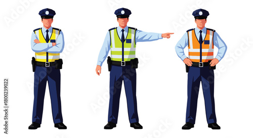 Set of vector illustrations of male traffic police officers managing vehicle flow, ideal for road safety education, transportation materials, and public guidance content