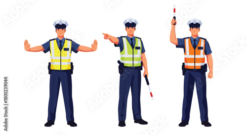Set of vector illustrations of male traffic police officers managing vehicle flow, ideal for road safety education, transportation materials, and public guidance content