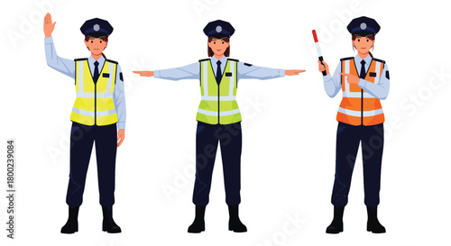 Set of vector illustrations of female traffic police officers directing vehicles, perfect for transportation safety, traffic education, and public instruction materials