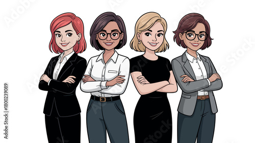 Four diverse women in professional business attire stand with arms crossed.