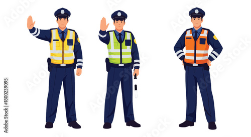 Set of vector illustrations of male traffic police officers managing vehicle flow, ideal for road safety education, transportation materials, and public guidance content
