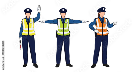 Set of vector illustrations of female traffic police officers directing vehicles, perfect for transportation safety, traffic education, and public instruction materials