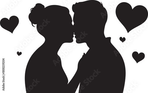 Silhouette art shows romantic couple kissing lovingly, surrounded by floating hearts on transparent backdrop