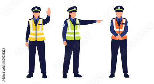 Set of vector illustrations of female traffic police officers directing vehicles, perfect for transportation safety, traffic education, and public instruction materials