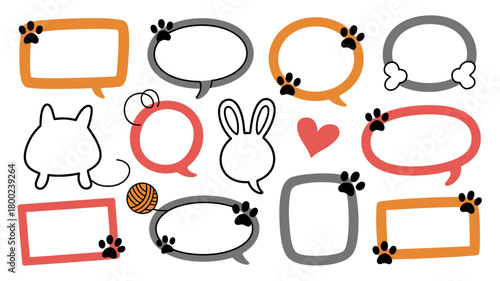 A collection of whimsical speech bubbles and animal icons are displayed on a white background.
