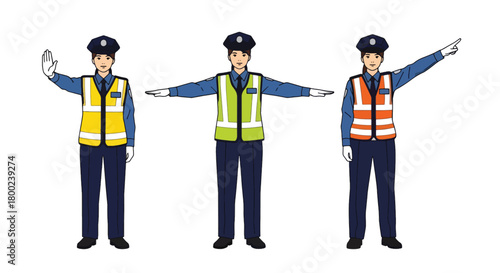 Set of vector illustrations of female traffic police officers directing vehicles, perfect for transportation safety, traffic education, and public instruction materials