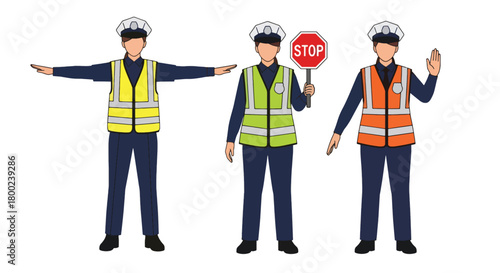 Set of vector illustrations of female traffic police officers directing vehicles, perfect for transportation safety, traffic education, and public instruction materials