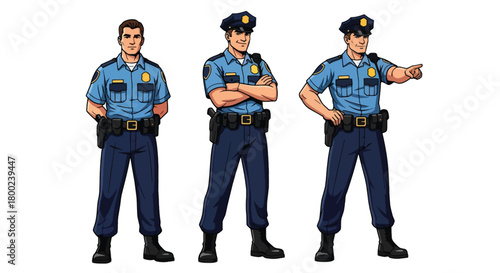 Set of vector illustrations of male police officers in strong duty poses, ideal for law enforcement training, safety education, and public service materials