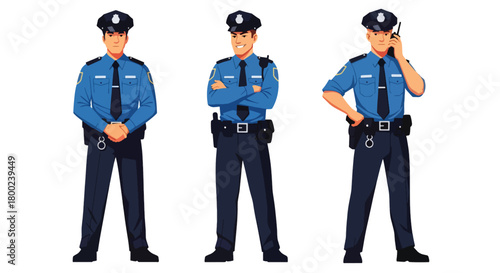 Set of vector illustrations of male police officers in strong duty poses, ideal for law enforcement training, safety education, and public service materials