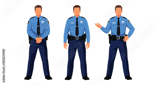Set of vector illustrations of male police officers in strong duty poses, ideal for law enforcement training, safety education, and public service materials
