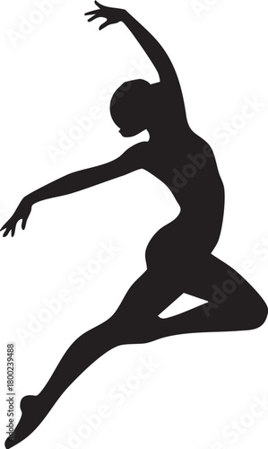 Silhouette depicts a female dancer gracefully leaping with arms extended on a transparent background