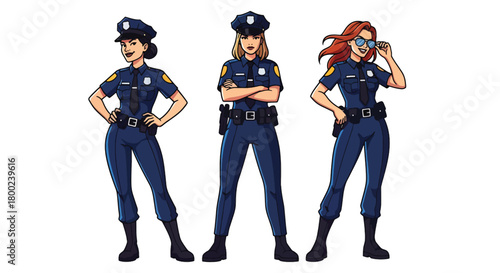 Set of vector illustrations of female police officers in confident duty poses, suitable for safety education, law enforcement materials, and public service communication