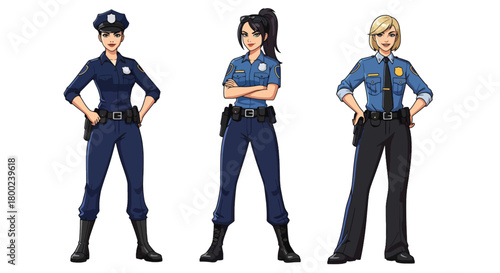 Set of vector illustrations of female police officers in confident duty poses, suitable for safety education, law enforcement materials, and public service communication