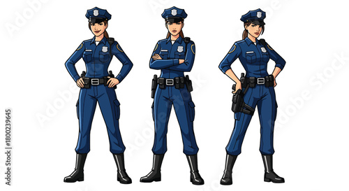 Set of vector illustrations of female police officers in confident duty poses, suitable for safety education, law enforcement materials, and public service communication