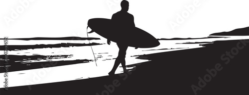Silhouette depicts surfer carrying surfboard as he walks along dark beach against white sky