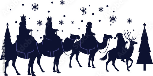 Silhouette of the three wise men on camels with santa and reindeer in snowy forest