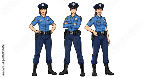 Set of vector illustrations of female police officers in confident duty poses, suitable for safety education, law enforcement materials, and public service communication