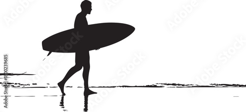 Silhouette depicts a man walking along a beach carrying his surfboard, with water reflections