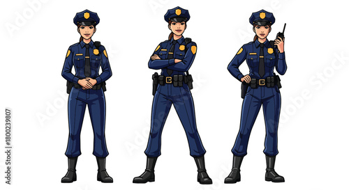 Set of vector illustrations of female police officers in confident duty poses, suitable for safety education, law enforcement materials, and public service communication