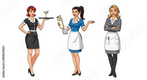 Set of vector illustrations of female waitresses in various service poses, perfect for cafe branding, hospitality materials, menus, and customer-friendly marketing