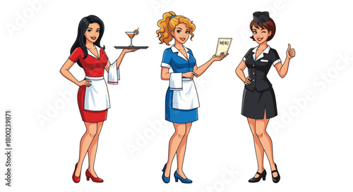 Set of vector illustrations of female waitresses in various service poses, perfect for cafe branding, hospitality materials, menus, and customer-friendly marketing