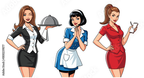 Set of vector illustrations of female waitresses in various service poses, perfect for cafe branding, hospitality materials, menus, and customer-friendly marketing