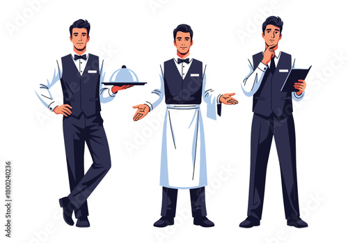 Set of vector illustrations of male waiters in professional service poses, ideal for restaurant branding, hospitality training, menus, and customer service marketing